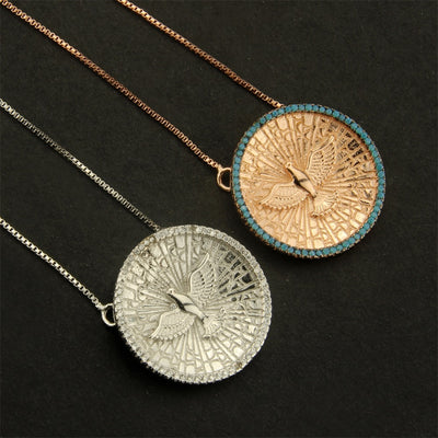 Eagle Gold or Silver Round Copper w/ Blue or Clear CZs Necklace