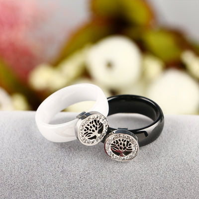 Tree of Life/ World Tree Black or White Ceramic Ring  CZ Stones SZ 6-9 Women Unisex