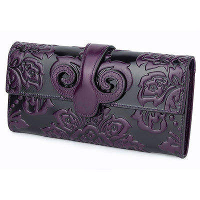 Premium Floral Embossed Leather Black Blue Red Green Purple Orange Long Wallets