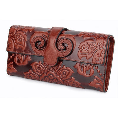 Premium Floral Embossed Leather Black Blue Red Green Purple Orange Long Wallets