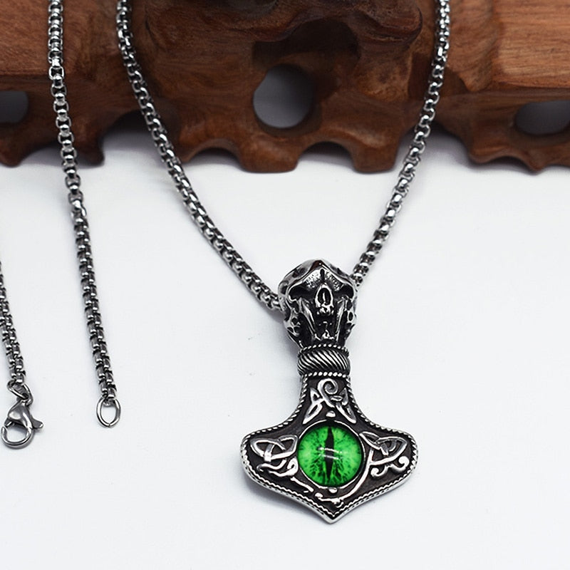Thor Hammer Silver Pendant w/ Blue or Green Dragon Eye Stainless Steel Chain Necklace Unisex