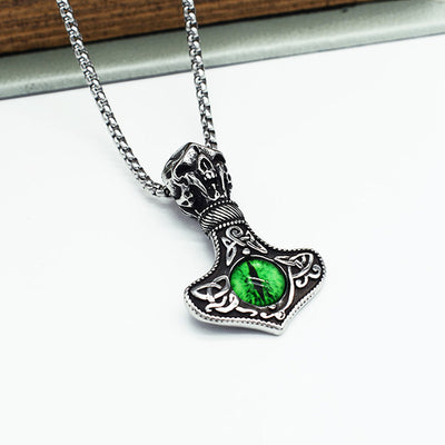 Thor Hammer Silver Pendant w/ Blue or Green Dragon Eye Stainless Steel Chain Necklace Unisex