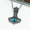 Thor Hammer Silver Pendant w/ Blue or Green Dragon Eye Stainless Steel Chain Necklace Unisex