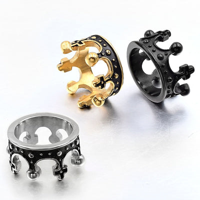 King Crown Ring Gold or Silver and Black Stainless Steel Sizes 7-12 Unisex