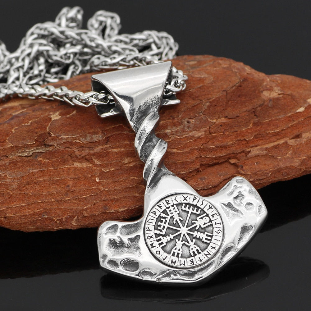 Twist Viking Thor Hammer Vegvisir Stainless Steel Pendant 24" Silver Necklace Unisex