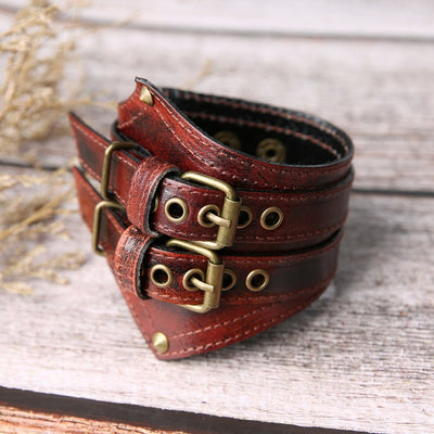 Gauntlet 2-Buckle Black or Brown Leather 9 " Bracelet