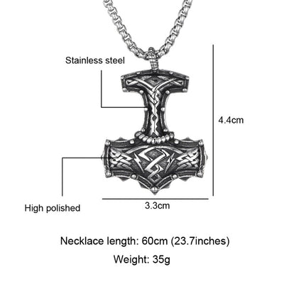 Thor's Hammer Silver-tone Pendants 24" Chain Stainless Steel Necklace Unisex