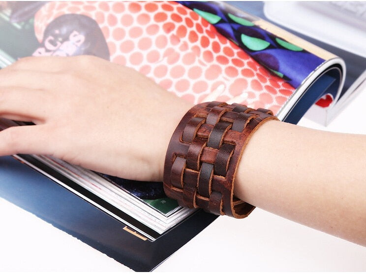 wide brown studded Leather cuff Bracelet with three straps wristband Extra  class