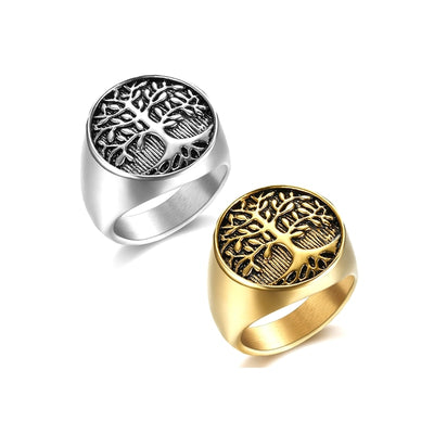 World Tree Silver or Gold Stainless Steel Ring 7-15 Unisex