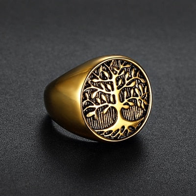 World Tree Silver or Gold Stainless Steel Ring 7-15 Unisex