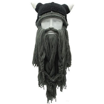 Viking Winter Beanie Horn Hat & Fake Beard Brown Gray Or Black Hats Unisex