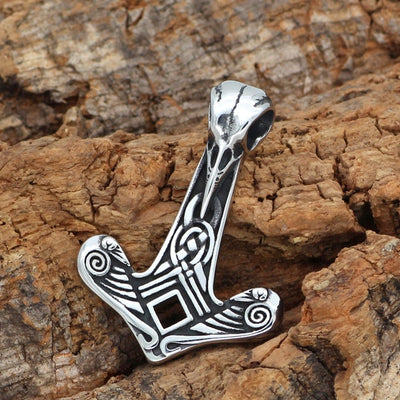 Sleek Raven Thor's Hammer Silver Stainless Steel Pendant or w/ 24" Necklace