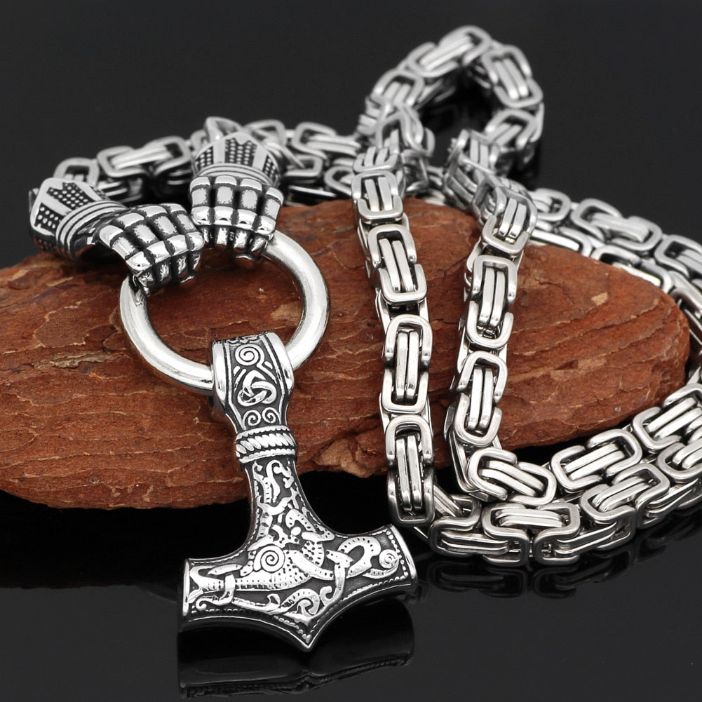 Viking Warrior Hands Hold Mjolnir Silver Stainless Steel 20" 24" 27" Necklace