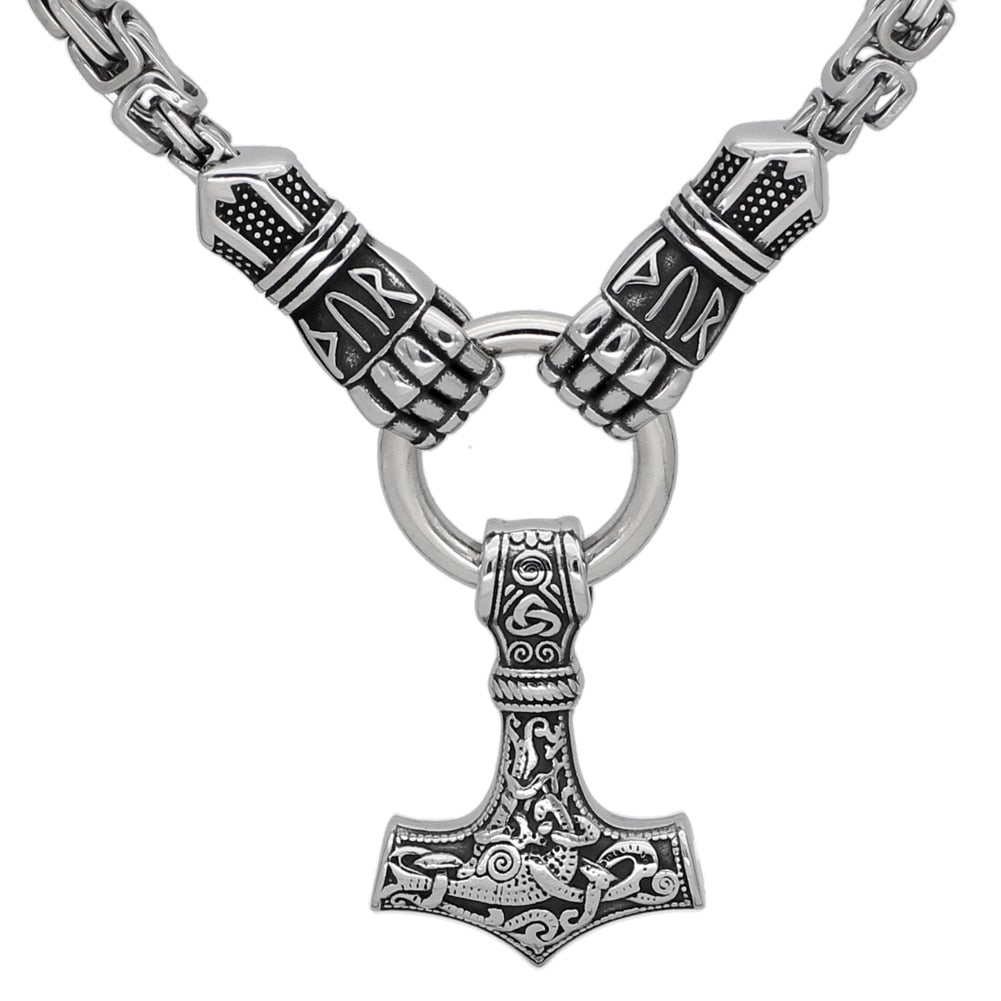Viking Warrior Hands Hold Mjolnir Silver Stainless Steel 20" 24" 27" Necklace