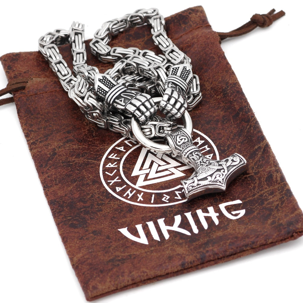 Viking Warrior Hands Hold Mjolnir Silver Stainless Steel 20" 24" 27" Necklace