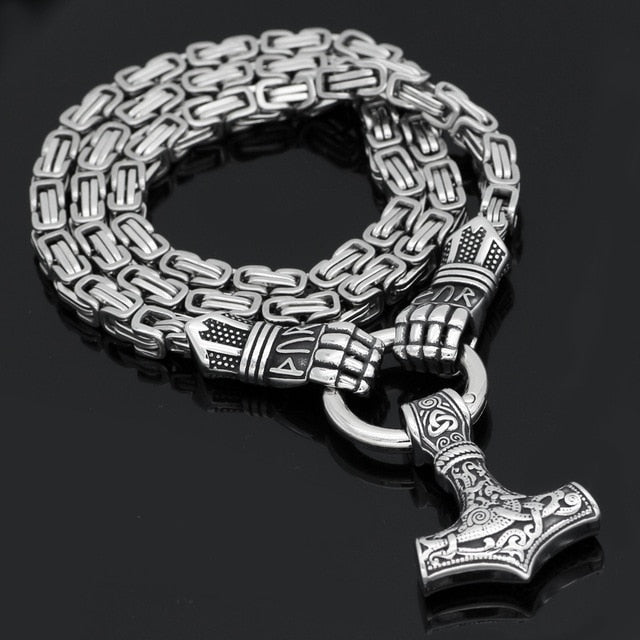 Viking Warrior Hands Hold Mjolnir Silver Stainless Steel 20" 24" 27" Necklace