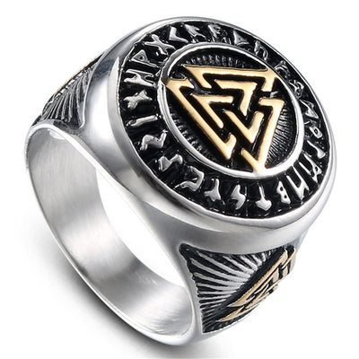 Viking Valknut Stainless Steel Gold or Silver w/ Gold 8-13 Ring