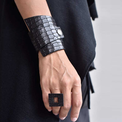 Designer Black Leather Vintage Wrap 2-Snap Cuff Bracelet
